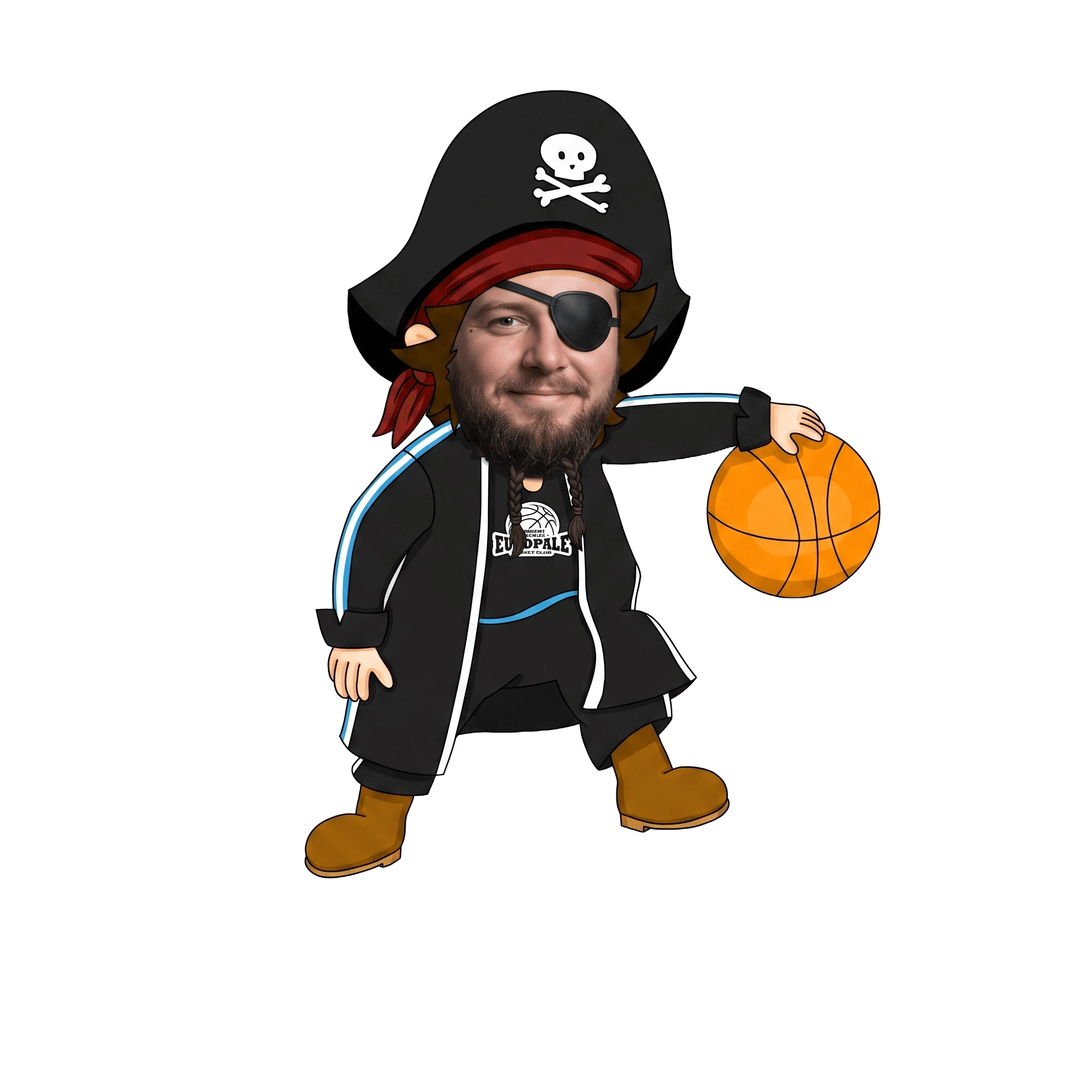 Mascotte pirate du club Apéropale avec un ballon de basket